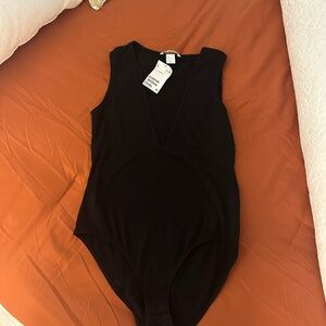 Black Textured Bodysuit with High Neckline